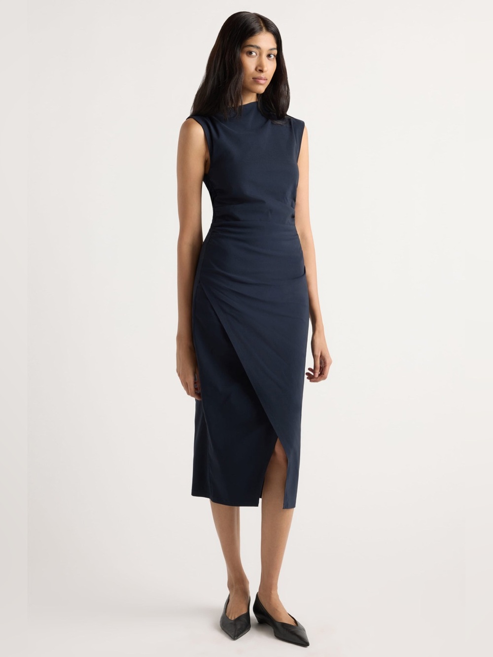 Modern Citizen Midi Dress Small Asymmetric Neck Wrap Front Ruched Stretch Blue